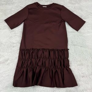 Zara short sleeve Crew neck scuba ruched dress in brown